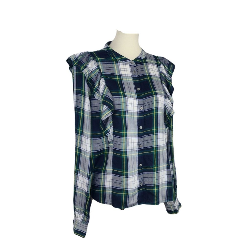 J Crew Blue Green Plaid Ruffle Shoulder Button Front Top Large